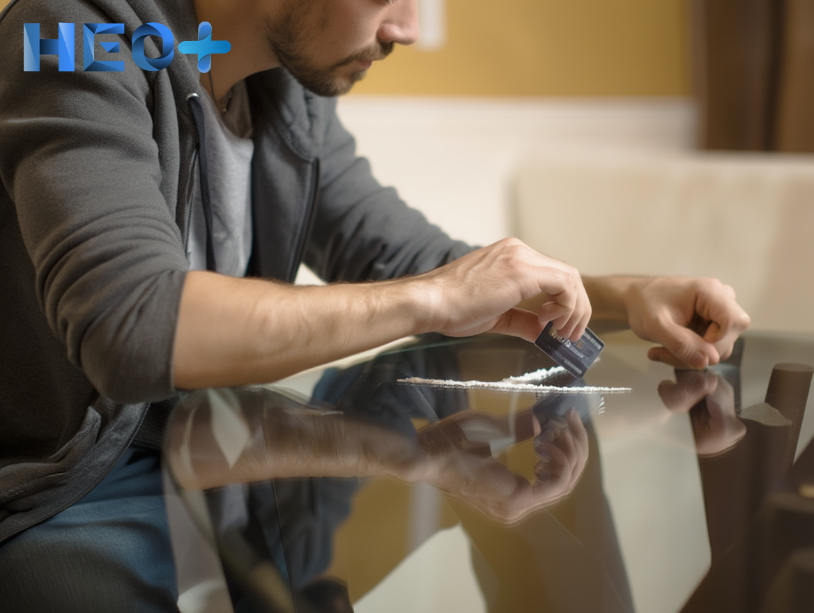 Мужчина наклонился перед столом с белым порошком